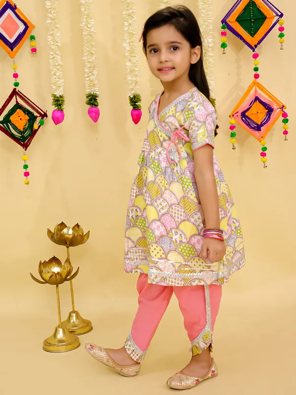 Junitos__Cotton_Woven_Short_Sleeves_paisley__Printed_Gota_Lace_Embellished_Kurti_Dhoti_Set -Yellow