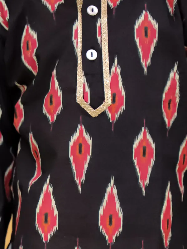 Junitos__Cotton_Woven_Full_Sleeves_Ikat_Printed__Kurta_Pajama-Black