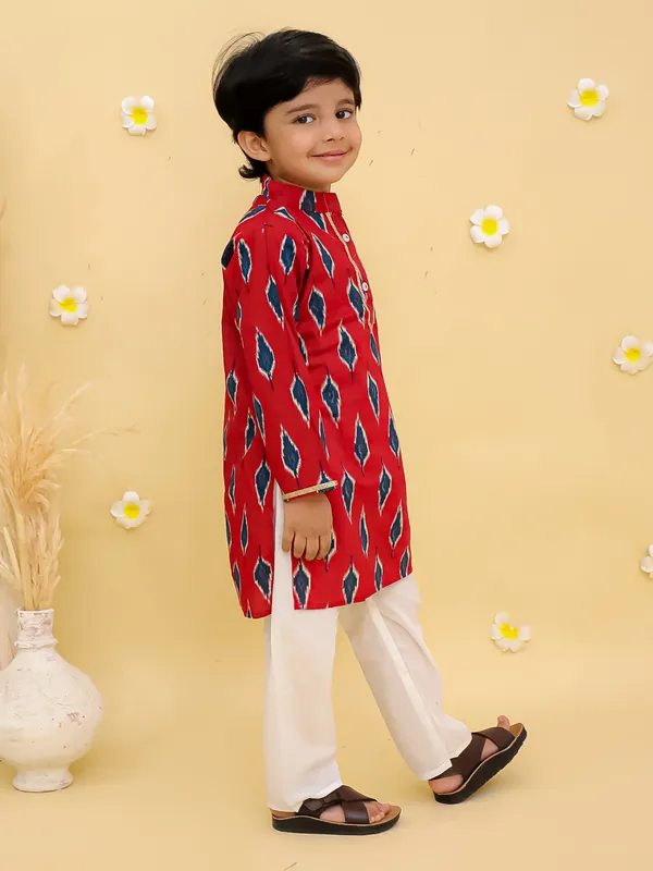 Junitos__Cotton_Woven_Full_Sleeves_Ikat_Printed__Kurta_Pajama-Red