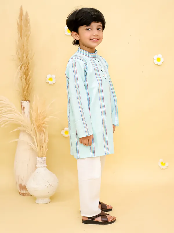 Junitos__Cotton_Woven_Full_Sleeves_Stripe_Printed__Kurta_Pajama-Green