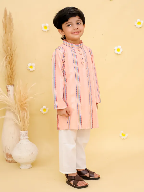 Junitos__Cotton_Woven_Full_Sleeves_Stripe_Printed__Kurta_Pajama-Peach