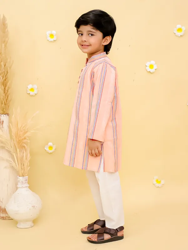 Junitos__Cotton_Woven_Full_Sleeves_Stripe_Printed__Kurta_Pajama-Peach