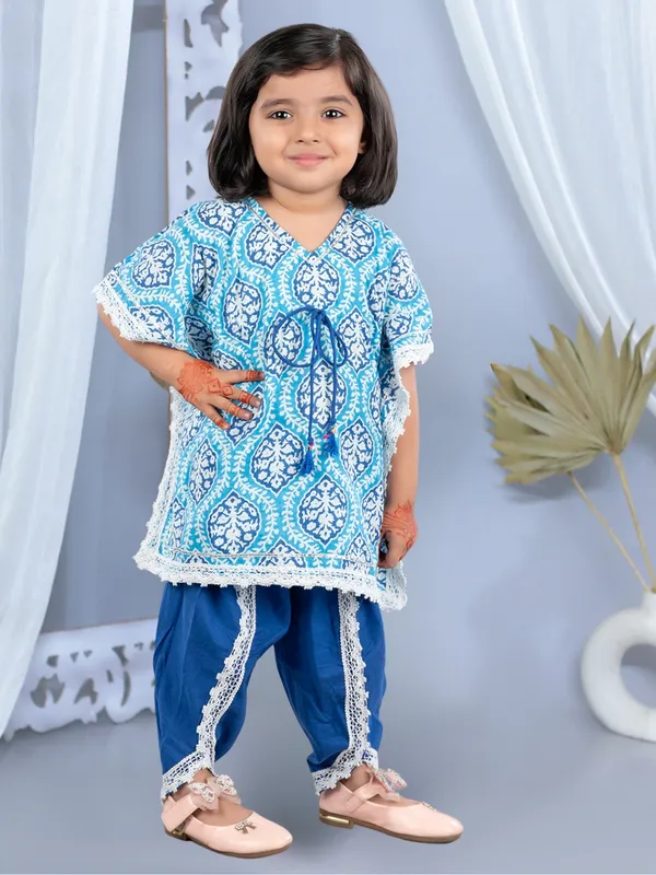 Blue_Ethnic_Print_Waist_Tie-Up_Cotton_Kaftan_With_Dhoti