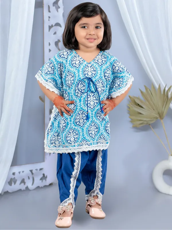 Blue_Ethnic_Print_Waist_Tie-Up_Cotton_Kaftan_With_Dhoti