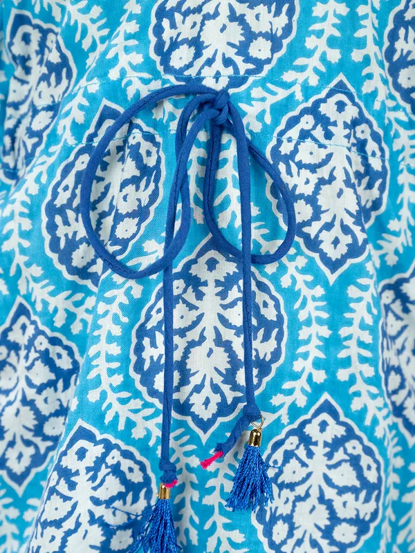 Blue_Ethnic_Print_Waist_Tie-Up_Cotton_Kaftan_With_Dhoti