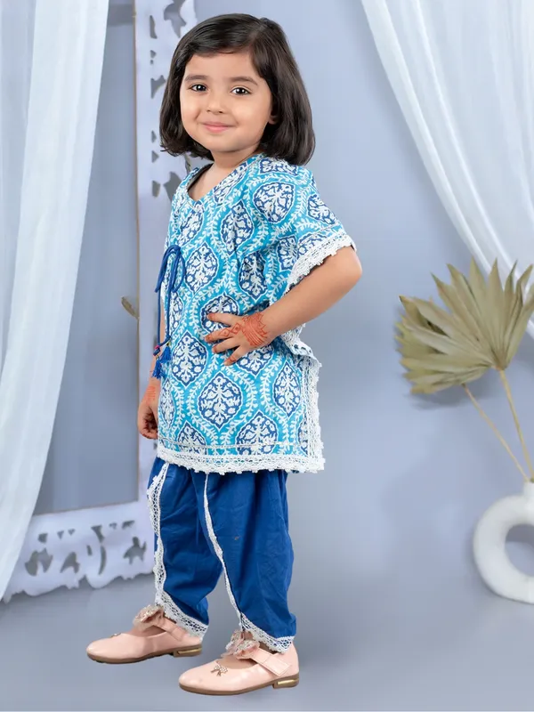 Blue_Ethnic_Print_Waist_Tie-Up_Cotton_Kaftan_With_Dhoti