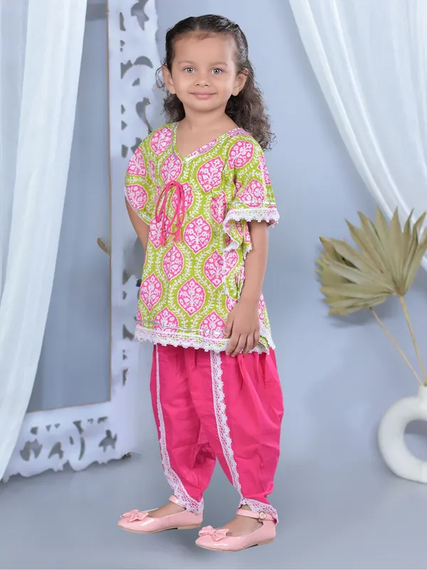 Pink_Ethnic_Print_Waist_Tie-Up_Cotton_Kaftan_With_Dhoti