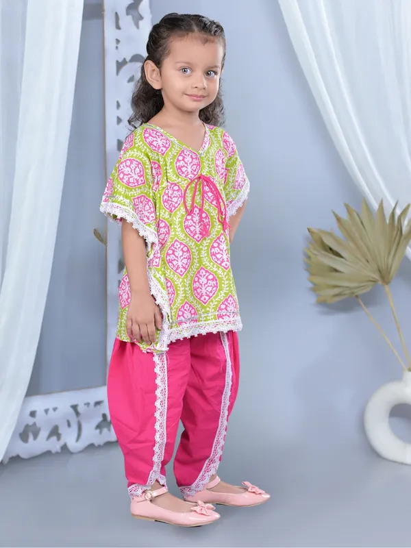 Pink_Ethnic_Print_Waist_Tie-Up_Cotton_Kaftan_With_Dhoti