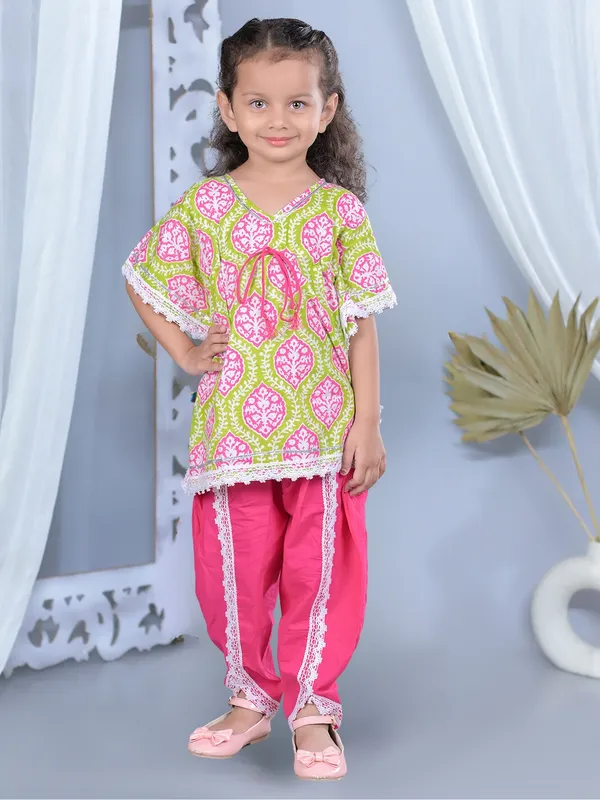 Pink_Ethnic_Print_Waist_Tie-Up_Cotton_Kaftan_With_Dhoti