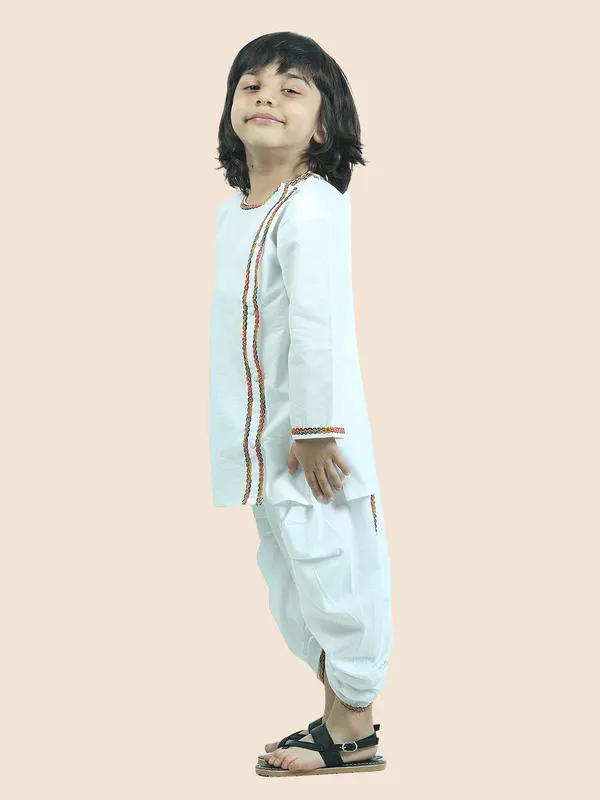 White_Pure_Cotton_Side_Button_Kurta_With_Dhoti