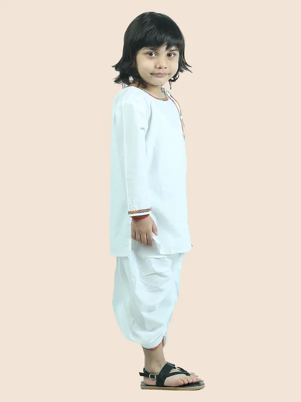 White_Pure_Cotton_Side_Button_Kurta_With_Dhoti
