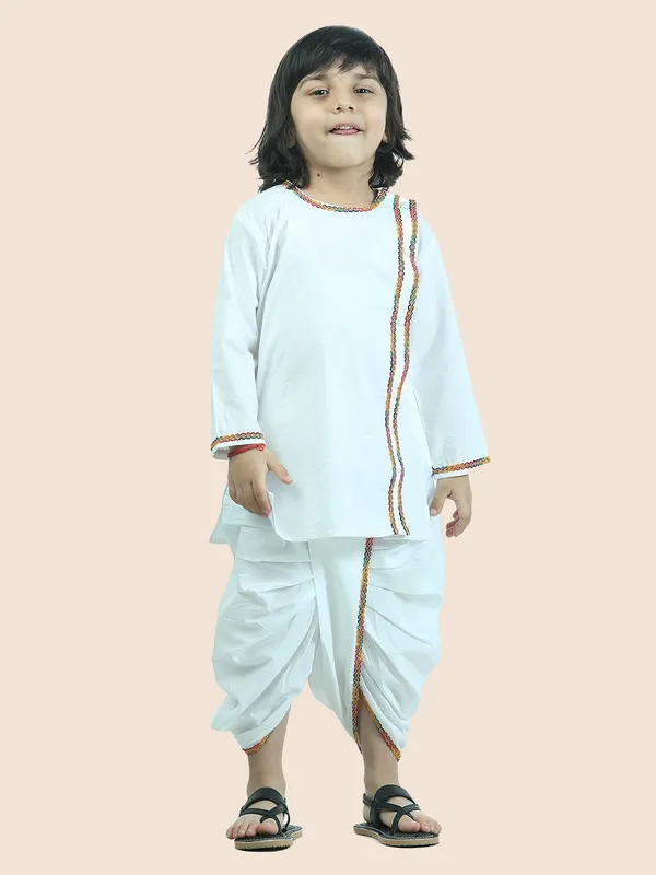 White_Pure_Cotton_Side_Button_Kurta_With_Dhoti