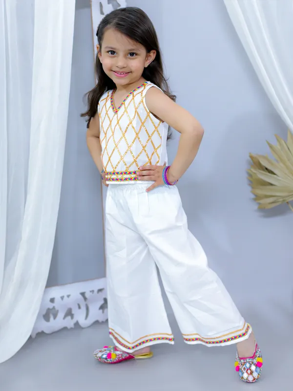 White_Pure_Cotton_Sleeveless_Embellished_Top_With_Palazzo
