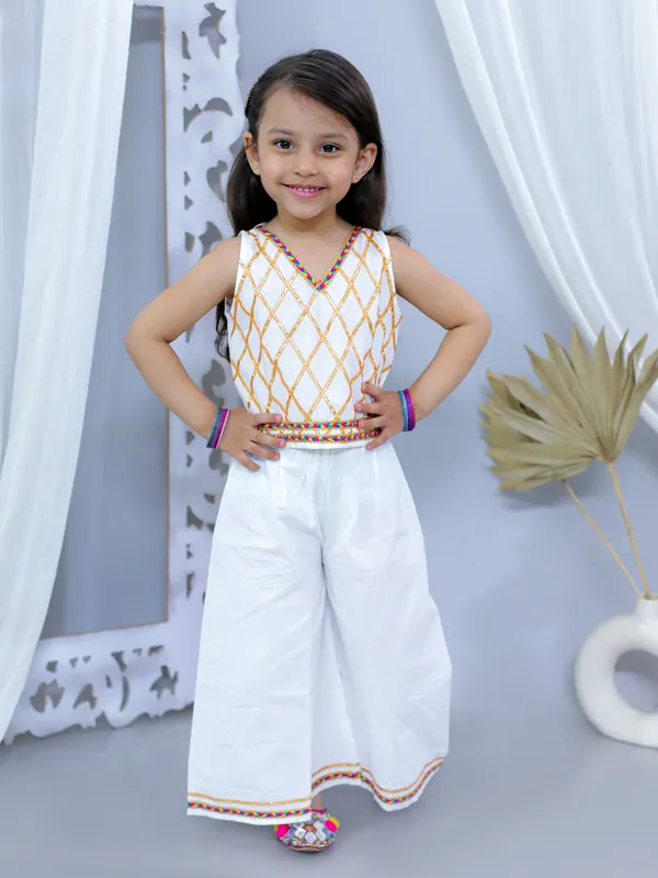 White_Pure_Cotton_Sleeveless_Embellished_Top_With_Palazzo