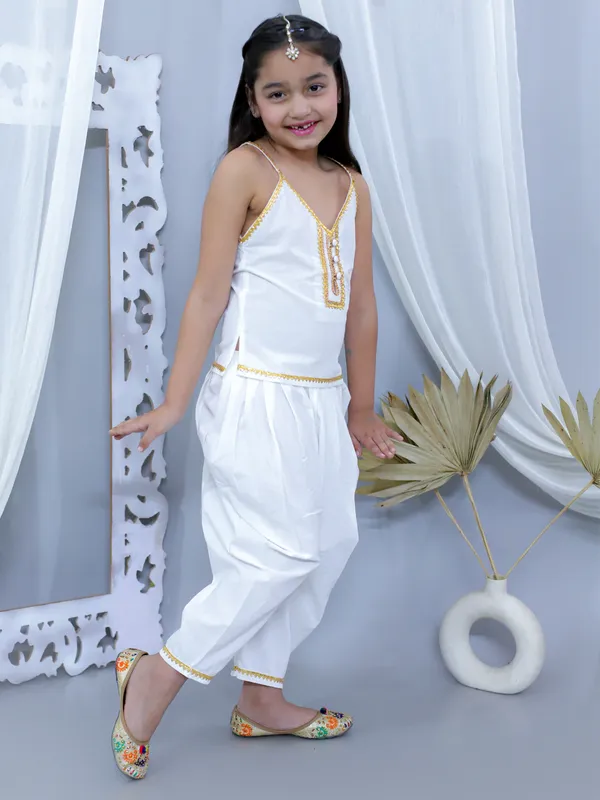 White_Pure_Cotton_Strip_Embellished_Top_With_Dhoti