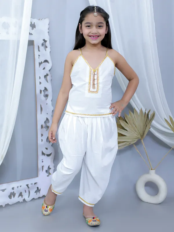 White_Pure_Cotton_Strip_Embellished_Top_With_Dhoti