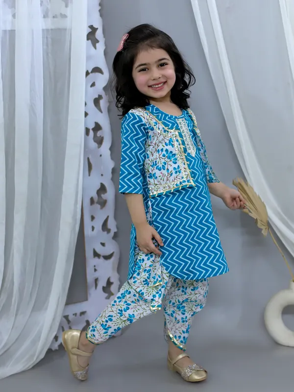 Blue_Pure_Cotton_Waist_Coat_Attached_Kurti_With_Dhoti