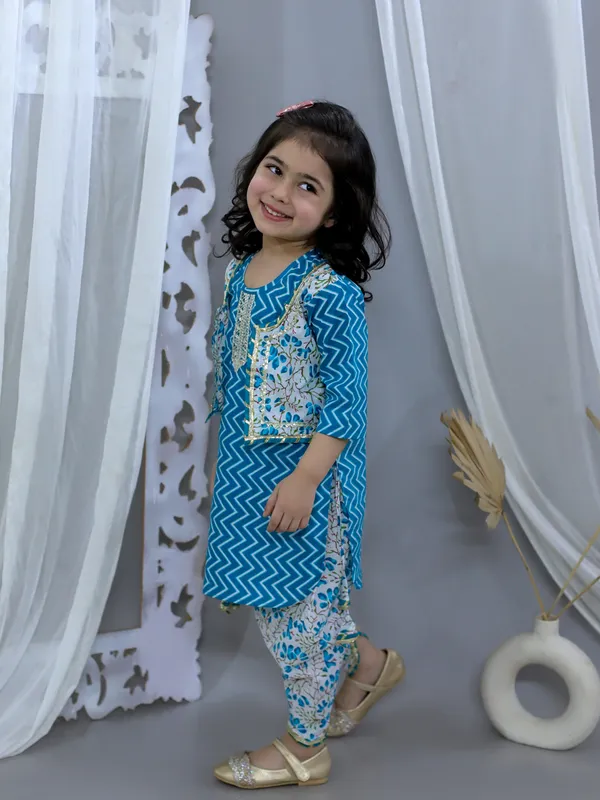 Blue_Pure_Cotton_Waist_Coat_Attached_Kurti_With_Dhoti