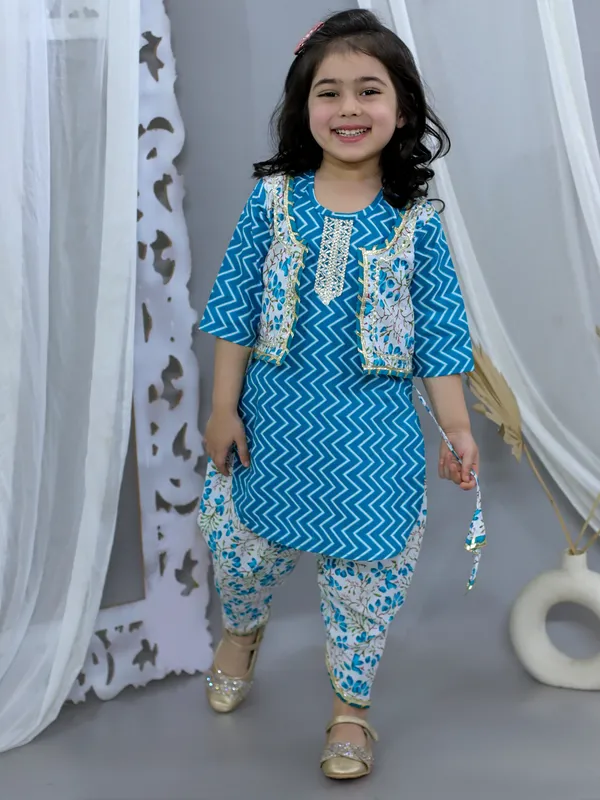 Blue_Pure_Cotton_Waist_Coat_Attached_Kurti_With_Dhoti
