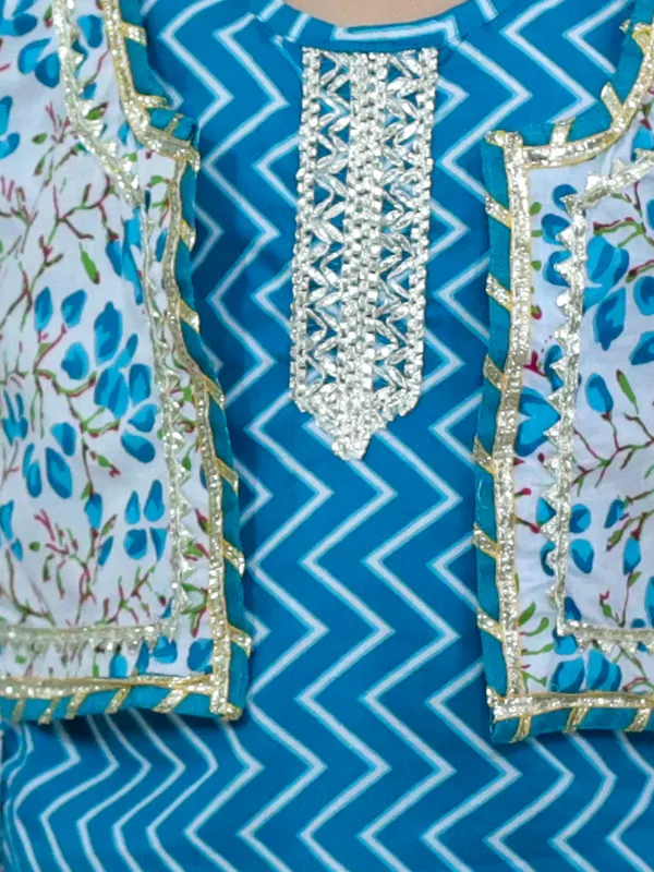 Blue_Pure_Cotton_Waist_Coat_Attached_Kurti_With_Dhoti