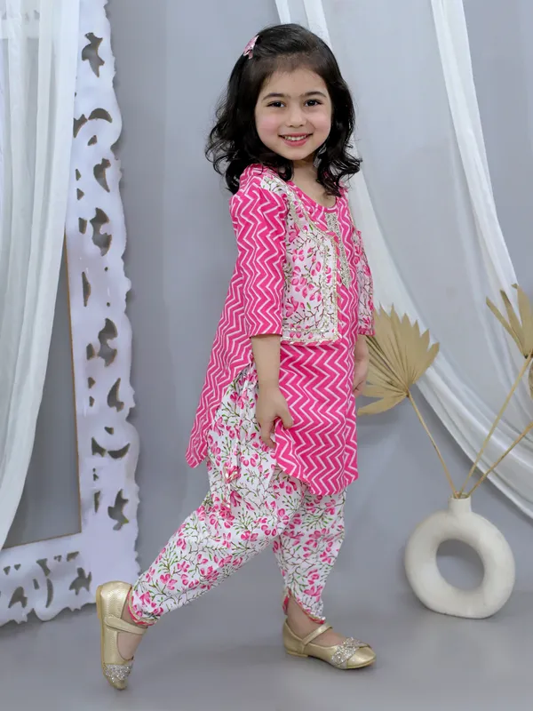 Pink_Pure_Cotton_Waist_Coat_Attached_Kurti_With_Dhoti