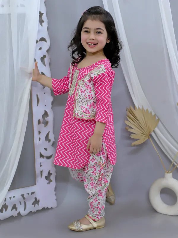 Pink_Pure_Cotton_Waist_Coat_Attached_Kurti_With_Dhoti