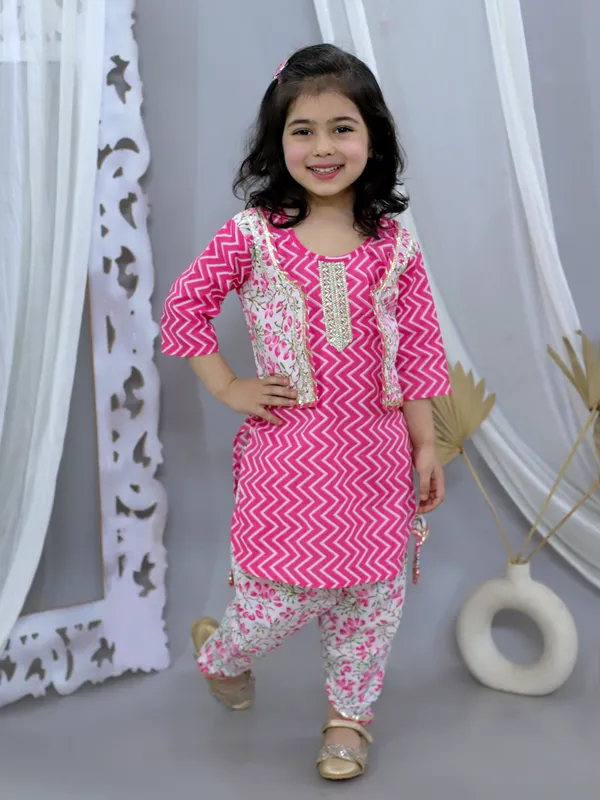 Pink_Pure_Cotton_Waist_Coat_Attached_Kurti_With_Dhoti