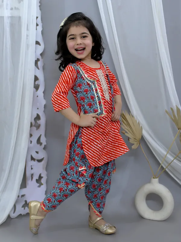 Red_Pure_Cotton_Waist_Coat_Attached_Kurti_With_Dhoti