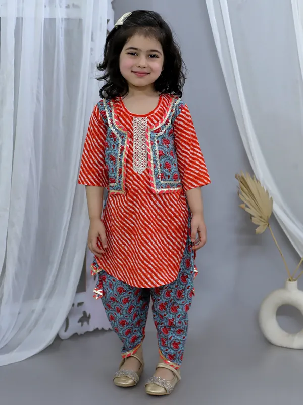 Red_Pure_Cotton_Waist_Coat_Attached_Kurti_With_Dhoti