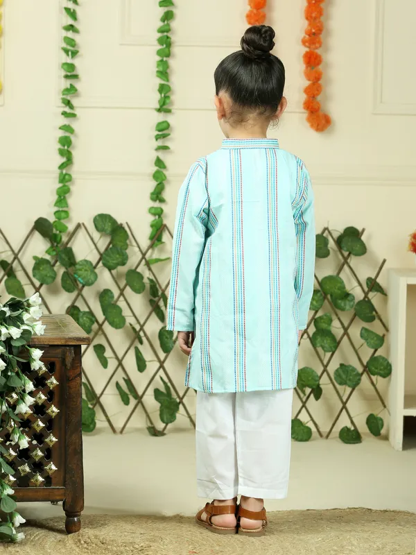 Green_Cotton_Woven_Stripe_Kurta_With_Pyjamas