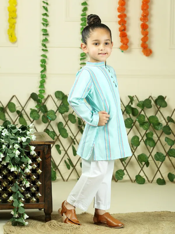 Green_Cotton_Woven_Stripe_Kurta_With_Pyjamas