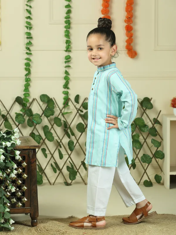 Green_Cotton_Woven_Stripe_Kurta_With_Pyjamas