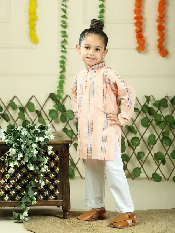 Orange_Cotton_Woven_Stripe_Kurta_With_Pyjamas