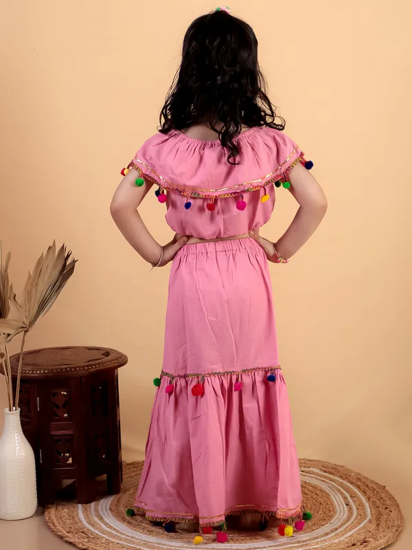 Pink_Pure_Cotton_Crop_Top_And_Long_Skirt_Embellished_With_Pompom_Tussal