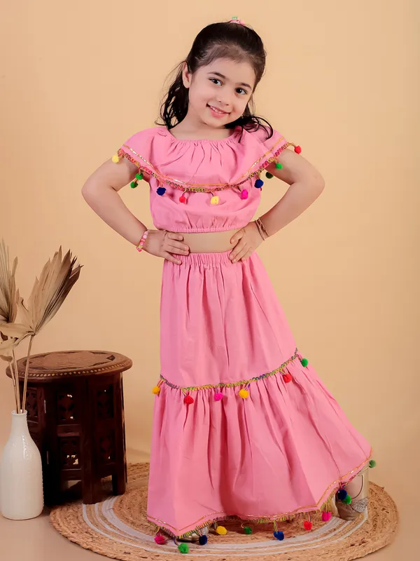 Pink_Pure_Cotton_Crop_Top_And_Long_Skirt_Embellished_With_Pompom_Tussal