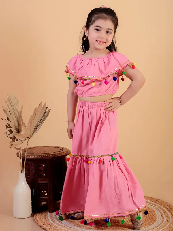 Pink_Pure_Cotton_Crop_Top_And_Long_Skirt_Embellished_With_Pompom_Tussal