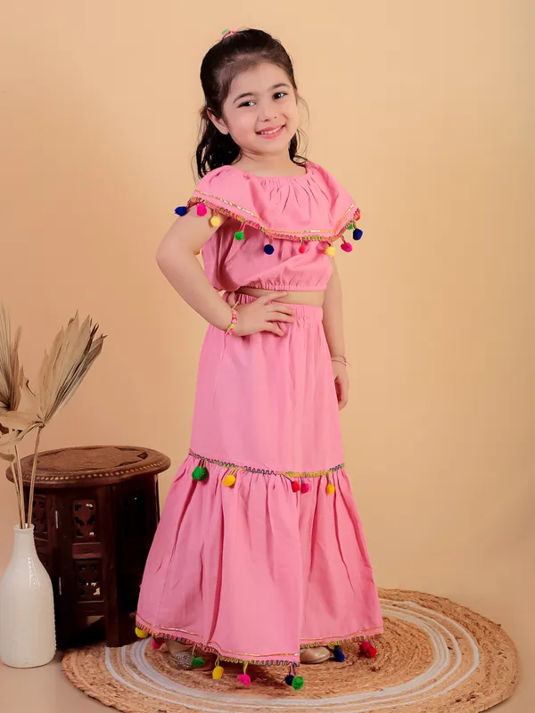Pink_Pure_Cotton_Crop_Top_And_Long_Skirt_Embellished_With_Pompom_Tussal