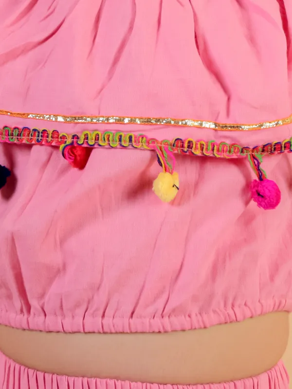 Pink_Pure_Cotton_Crop_Top_And_Long_Skirt_Embellished_With_Pompom_Tussal