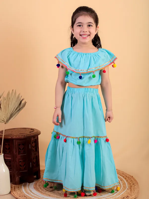 Sky_Blue_Pure_Cotton_Crop_Top_And_Long_Skirt_Embellished_With_Pompom_Tussal
