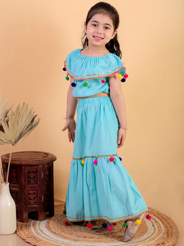 Sky_Blue_Pure_Cotton_Crop_Top_And_Long_Skirt_Embellished_With_Pompom_Tussal