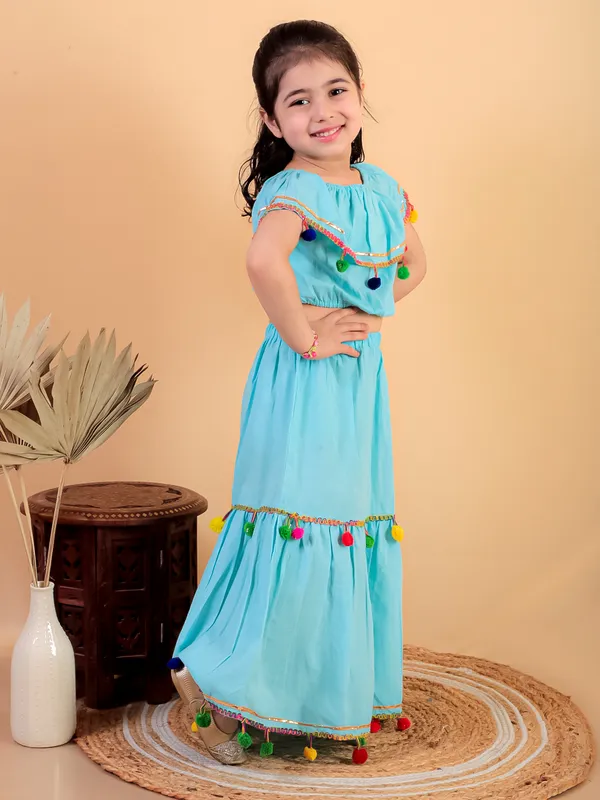 Sky_Blue_Pure_Cotton_Crop_Top_And_Long_Skirt_Embellished_With_Pompom_Tussal