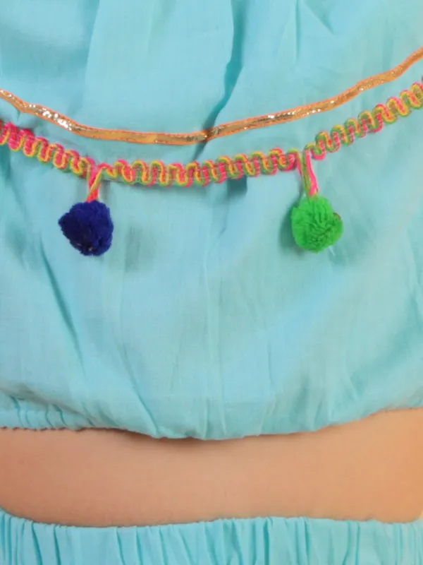 Sky_Blue_Pure_Cotton_Crop_Top_And_Long_Skirt_Embellished_With_Pompom_Tussal