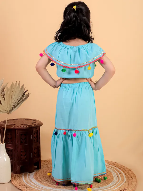 Sky_Blue_Pure_Cotton_Crop_Top_And_Long_Skirt_Embellished_With_Pompom_Tussal