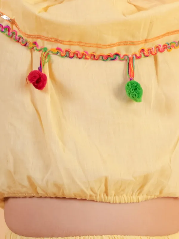 Yellow_Pure_Cotton_Crop_Top_And_Long_Skirt_Embellished_With_Pompom_Tussal