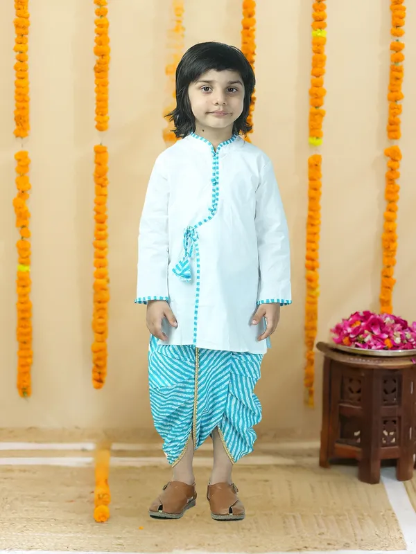 Blue_Pure_Cotton_White_Kurta_And_Dhoti_With_Leheriya_Print