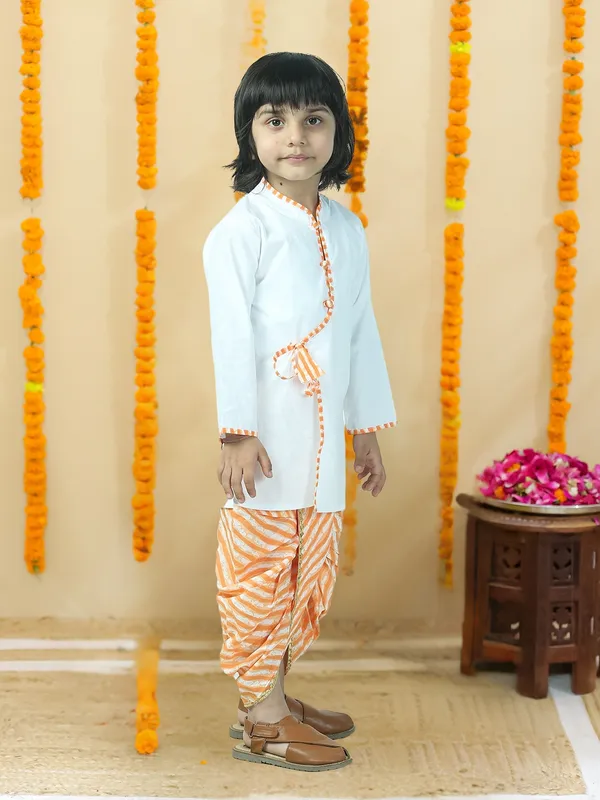 Orange_Pure_Cotton_White_Kurta_And_Dhoti_With_Leheriya_Print