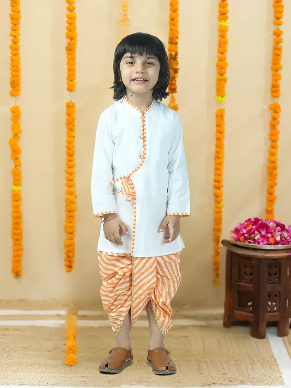 Orange_Pure_Cotton_White_Kurta_And_Dhoti_With_Leheriya_Print
