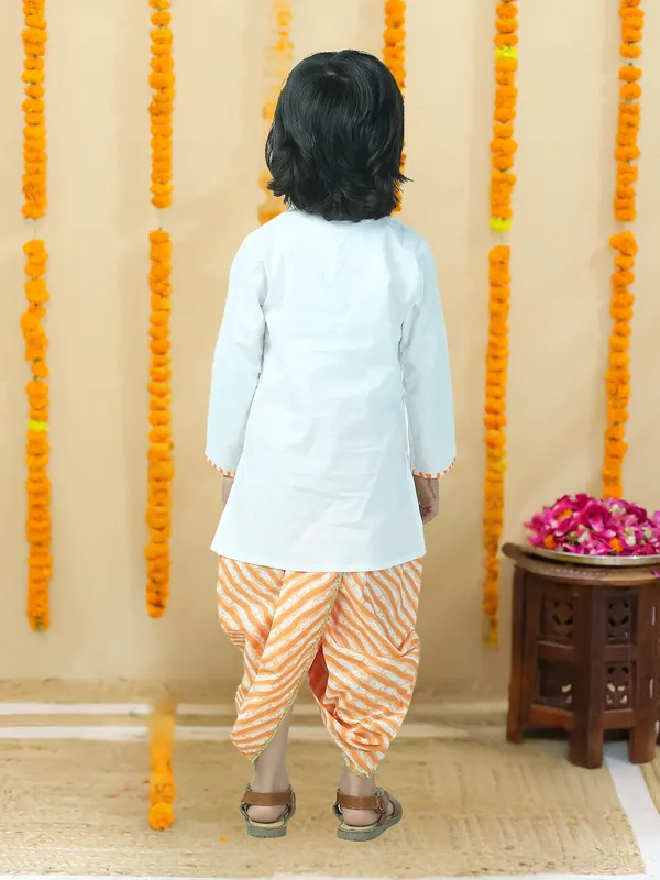 Orange_Pure_Cotton_White_Kurta_And_Dhoti_With_Leheriya_Print