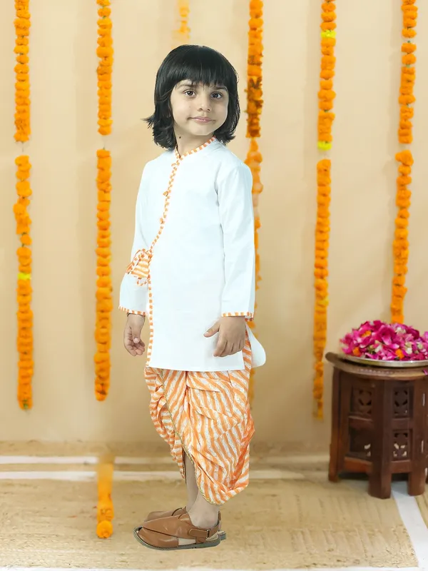 Orange_Pure_Cotton_White_Kurta_And_Dhoti_With_Leheriya_Print