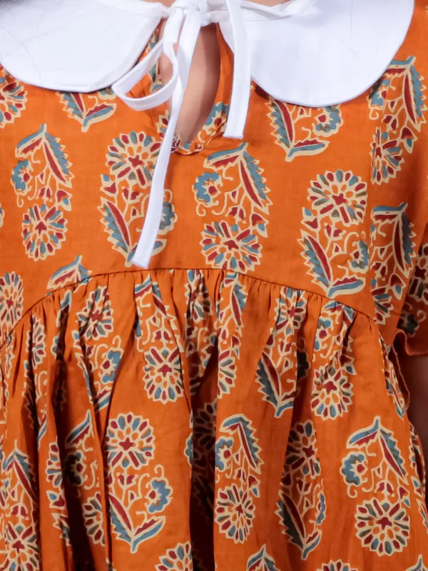 Yellow_Pure_Cotton_Printed_Dress_With_Peter_Pan_Collar_And_Pyjamas